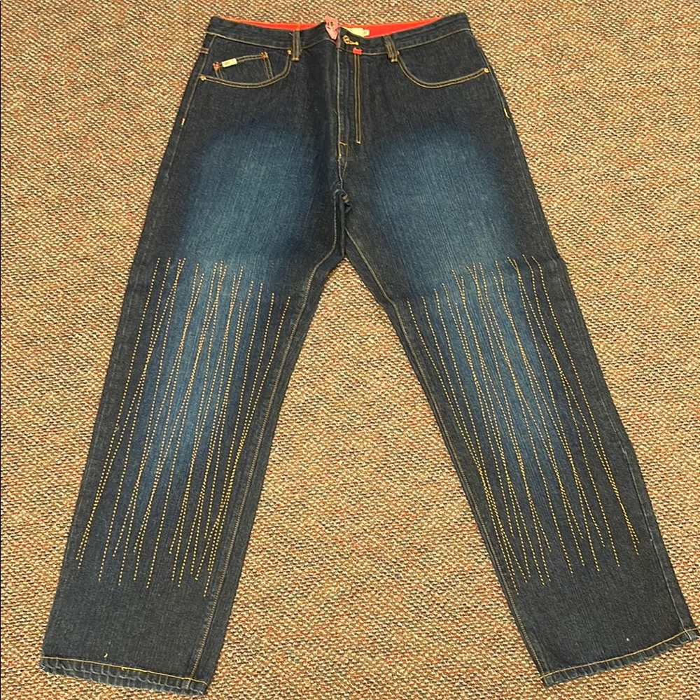 Blue and Gold Straight Jeans with Vertical Striping